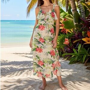 Tommy Bahama Tropical Ruffled Floral Maxi Dress - White, Green, Pink. Size Small